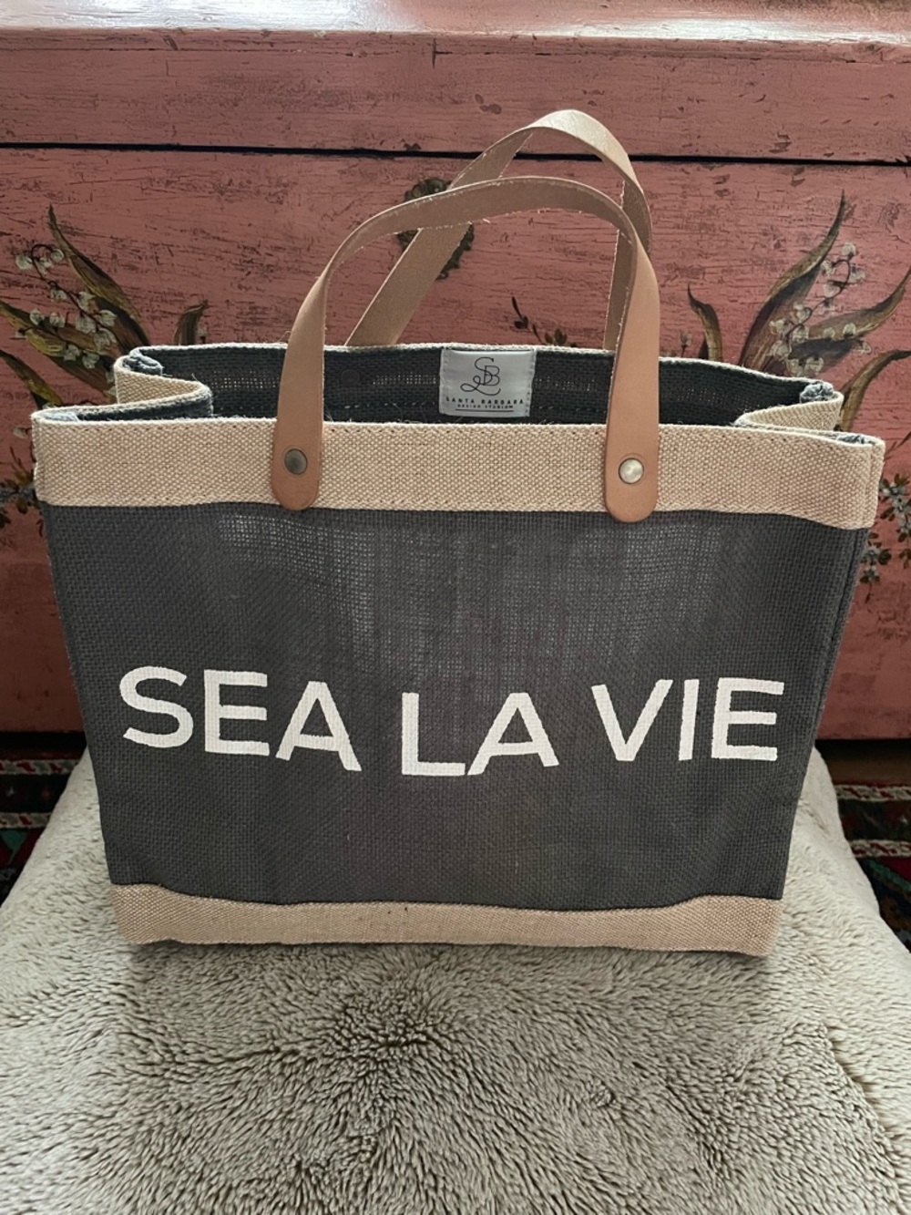 Sea La Vie Charcoal and Tan Medium Canvas Tote with Leather Handles